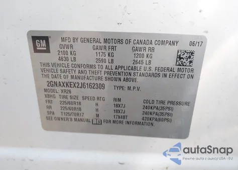2018 Chevrolet Equinox Lt z USA, uszkodzony, nr VIN 2GNAXKEX2J6162309